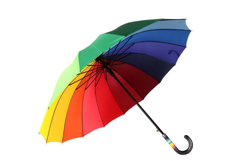 AU-46: Auto Fibreglass Ribs Metal Shaft Pongee Rainbow with Hook Leather Handle