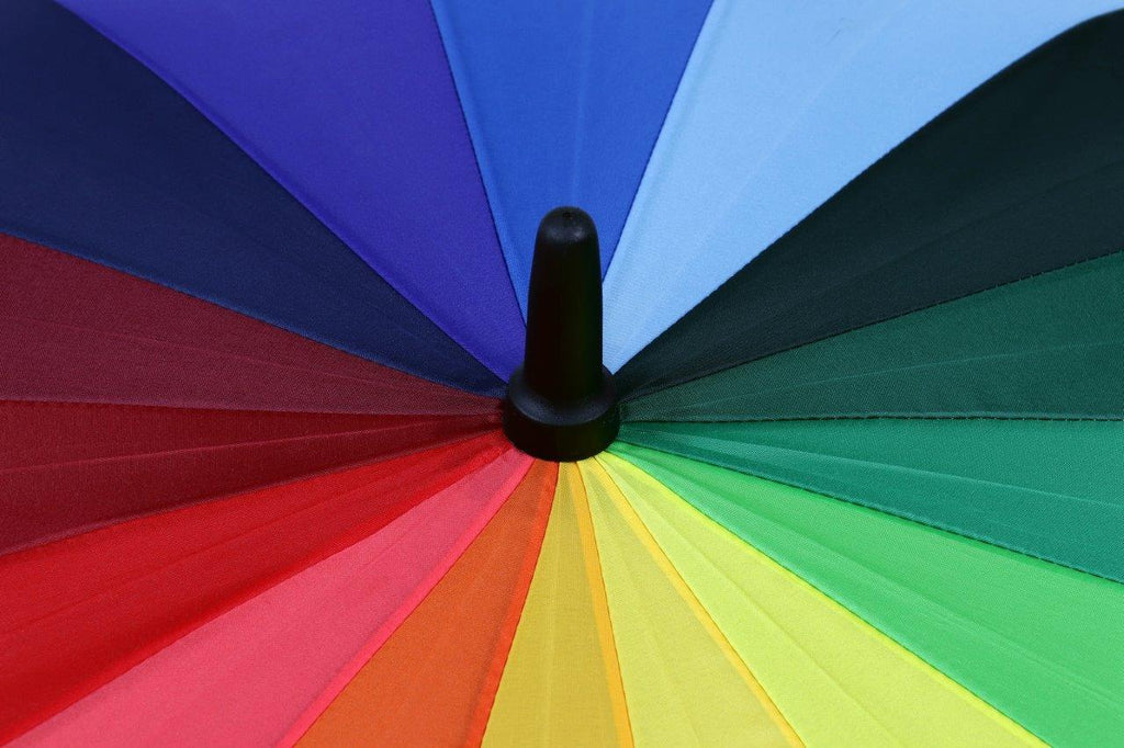 AU-46: Auto Fibreglass Ribs Metal Shaft Pongee Rainbow with Hook Leather Handle