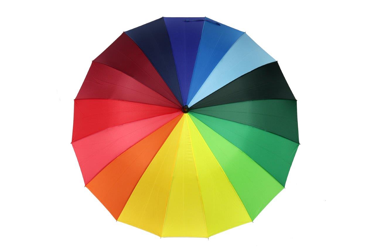 AU-46: Auto Fibreglass Ribs Metal Shaft Pongee Rainbow with Hook Leather Handle