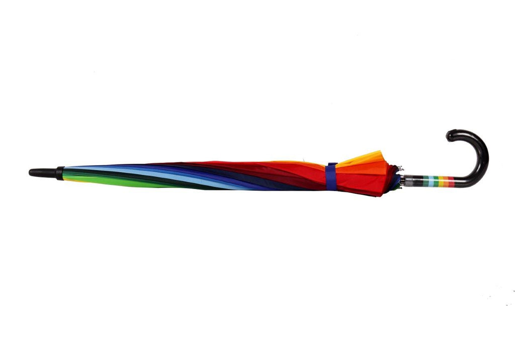 AU-46: Auto Fibreglass Ribs Metal Shaft Pongee Rainbow with Hook Leather Handle